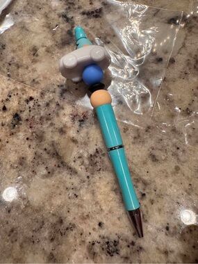 Hand Crafted Teal Bead Accent Pen with Blue and Peach Beads